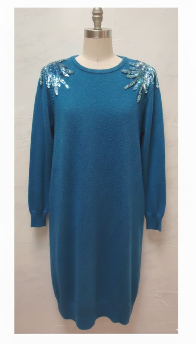 Vintage Plain Jane Size Medium Blue sweater dress Sequin epulets shoulders 1980s